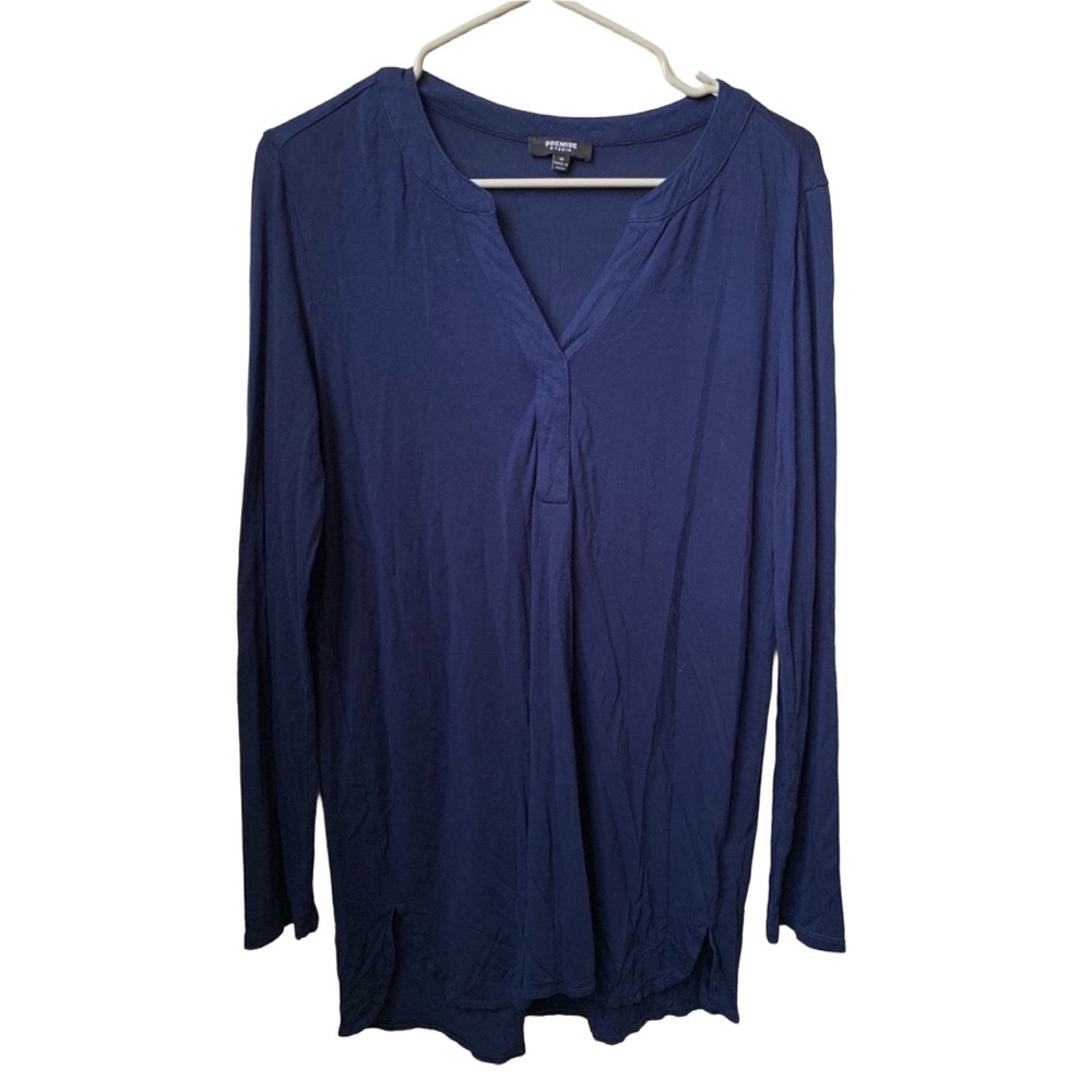 PREMISE Women’s Navy Blue Rayon Tencel Long Sleeve V-neck Blouse